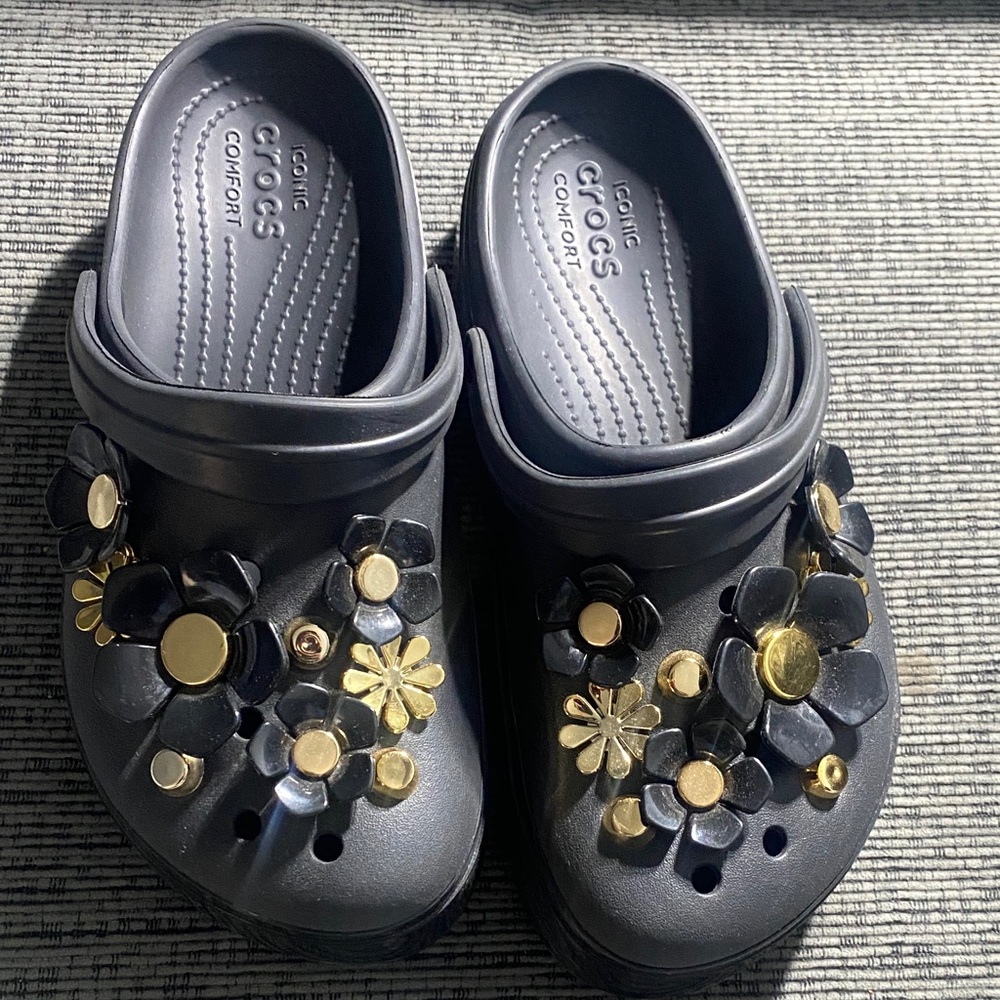 CROCS Black with Gold Floral Embellishments